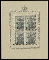 Liechtenstein - 1946, Saint Lucius, 10(fr) gray black on creamy paper, miniature sheet of four, full OG, NH, VF, C.v. $190, SBK #206, CHF500, Scott #218…