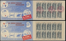 France - Stamp Booklets - 1952, Red Cross, 15+5fr indigo, booklet pane of ten, two complete booklets, one with FD cancel in red, full OG, NH, VF, C.v. $750 as two unused booklets, Scott #B274a…