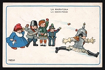 1914-18 'The marathon' WWI European Caricature Propaganda Postcard, Europe