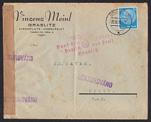 1938 (Oct 22) Commercial letter censored by the Czechs. Definitive postmark of GRASLITZ and red eagle. Addressed to KOLIN. Occupation of Sudetenland, Germany