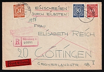 1947 (18 Feb) Germany, Internment and Labor Camp, Paid Messenger Durch Eilboten, DP Camp, Displaced Persons Camp, Registered Censorship Cover from Nurnberg to Gottingen (Mi. 925, 933 a, 935 a)