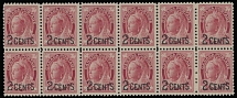 Canada - Provisional Issues - 1899, black surcharge 2c on Queen Victoria ''Maple Leaf'' 3c carmine, block of 12 (6x2), representing narrow spacing between surcharges of the 3rd and 4th vertical rows, full OG, NH, VF, Unitrade …