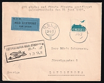 1937 Norway, First Flight Airmail cover, Oslo - Stockholm, franked by Mi. 136