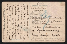 1914 Seal of the Veterinary Hospital of the 8th Reserve Cavalry Regiment WWI postcard to Izhevsk with violet medical handstamp