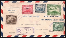 1931 Nicaragua, First Day Registered Airmail cover, Managua - Paris via Miami, New York, franked by Mi. 471, 512, 514, 516, 537 (Double Overprint)