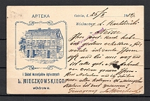 Mute Postmark of Ostrov of the Warsaw Province, Advertising Postcard, Pharmacy, Censorship Ostrov #1 (Ostrov, Levin #544.01)