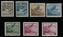 Liechtenstein - Air Post stamps - 1930, Airplane over Mountains and Vaduz Castle, 15rp-1fr, complete set of six, in addition black surcharge 60rp on 1fr lake, fresh