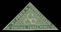 British North America - Newfoundland - 1857, Heraldic Flowers, 3p green, triangle stamp with large margins all around, fresh, large part of OG, VF, C.v. $1,000, Unitrade C.v. CAD$1,400, Scott #3…