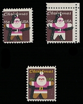 United States - Modern Errors and Varieties - 1979, Christmas, Gingerbread Santa Claus, 15c multicolored, two error stamps, one has green and yellow omitted, the other one is corner margin single with green, yellow and tan …