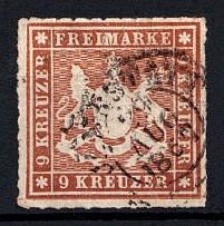 1866 9kr Wurttemberg, German States, Germany (Mi. 33, Signed, Canceled, CV $130)