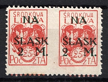 1921 2 M on 25 F Central Lithuania, 'NA SLASK' (MISSED Perporation, TWO TYPES of Overprint, Print Error, Pair, Signed)
