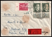 1945 (16 Apr) Third Reich, Germany, Cover from Lindau (Germany) to Lauterach (Austria) franked with Mi. 908, 799 A (Margins, Plate Number, CV $150)