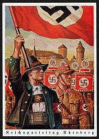 1938 Reich party rally of the NSDAP in Nuremberg. Austrian NS Member and Flag with SA Man and Standards RARE card
