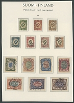 North Ingermanland - 1920, Arms, 5p-10m, and Pictorial issue, 10p-10m, two complete sets of seven, ''KIRJASALO'' black or violet date stamps, arranged on page from a collection, in addition cover to Helsinki franked by four …