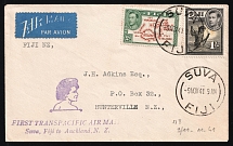 1941 British colonies, First Transpacific Flight, Airmail Cover, Suva (Fiji) - Hunterville (New Zeland), franked by Mi. 95, 103