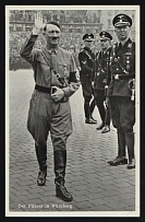 1942 (26 May) 'Adolf Hitler Saluting, with Two SS Generals in Uniform Behind Him, at Nazi Party Day, Nuremberg,' Nazi Germany, Third Reich Propaganda, Commemorative Postmark 'Exhibition in the Lustgarten from May 9th to June 24th', Postcard, Mint