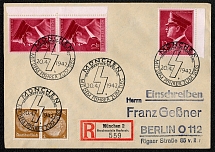 1942 Registered cover franked with a se-tenant pair of Sc 416, multiple copies of B203 and the commemorative cancel for Hitler’s birthday