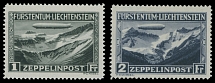 Liechtenstein - Air Post stamps - 1931, Zeppelin over Naafkopf Mountains, 1fr olive black and 2fr indigo, complete set of two, nice centering and intact perforation,