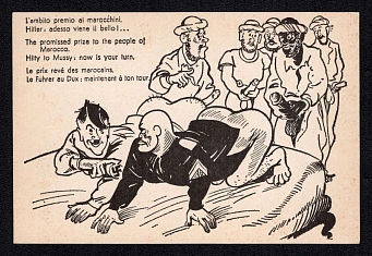 'The Coveted Prize to the Moroccans', WWII Italy, Anti-Facism Propaganda, Hitler Mussolini Caricatures, Postcard, Mint
