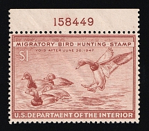 1946 $1 Duck Hunt Permit Stamp, United States (Sc. RW-13, Plate Number, CV $50, MNH)