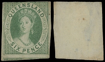 British Commonwealth - Australian State - Queensland - 1860, Queen Victoria, 6p green, imperforate single with Large Star watermark, close at top with large margins at three other sides and a part of adjoining stamp at foot, …