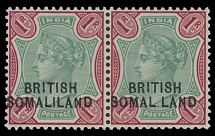 British Commonwealth - Somaliland Protectorate - 1903, Queen Victoria, ''British Somaliland'' overprint at the bottom of India stamp 1r carmine rose and green, horizontal pair, right stamp ''SOMAL.LAND'' variety, excellent item …