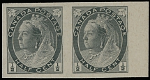 Canada - Queen Victoria ''Numeral'' issue - 1898, ½c black, right margin horizontal imperforate pair printed on vertical wove paper, no gum as produced, NH, VF, C.v. $500, Unitrade #74v, C.v. CAD$500, Scott #74a…