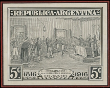 Argentina - 1916, Centenary of the Declaration of Independence, enlarged artist's proof of 5c in black on thickened paper, size 135x115mm, mounted on black and red colored paper, VF and rare, Est. $300-$400, Scott #220…