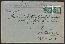 1938 (Oct) Letter posted in SKOTSCHAU to BRUNN. Label in small letters 'Railway station / TESCHEN in BIELA'. Occupation of Sudetenland, Germany