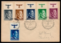 1944 General Government Scott Nos. N76-79, N84 and N86 with swastika tabs cover with a special cancellation commemorating Five Years of Occupation Government