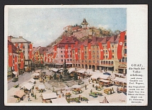 'Market Square', NS Flag Decoration, Artist Postcard Wegerer, Styria, Austria, Postcard, Propaganda Card, Third Reich WWII, Germany Propaganda, Germany