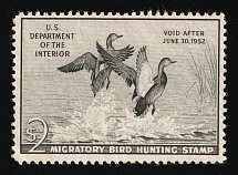 1951 $2 Duck Hunt Permit Stamp, United States (Sc. RW-18, CV $90, MNH)