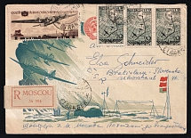 1938 Russia USSR Moscow Arctic Base illustrated registered cover fr. 1r  Air Post + 20k North Pole flight (3) to Bratislava Slovakia