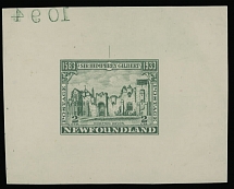 British North America - Newfoundland - 1933, Compton Castle, die proof of 2c in green, printed on thin card, printer's marking at top, size 60x48mm, numbered ''1094'' at upper right corner on reverse, no gum as issued, VF and …