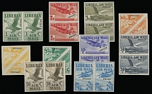 Worldwide Air Post Stamps and Postal History - Liberia - 1938, Airplanes and Birds, imperforate plate proofs of 1c-$1, set of ten in pairs, each stamp with ''Proof'' overprint in black, less 20c (not issued as such), but …