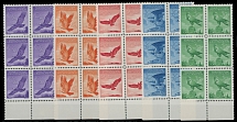 Liechtenstein - Air Post stamps - 1936, Eagles, 10rp-50rp, complete set of five, grilled gum, bottom sheet margin blocks of six (2x3), full OG, NH (hinged on margins