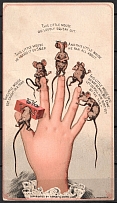1884 Hawley & Hoops Comical Card, Little Mice on Lady's Fingers, United States, Advertising Trade Card