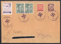1938 Mixed German-Czechoslovak postage, Cover front to ASCH Provisional cancellation stamp with text 'October is the month of Liberation'. Vignette from the sports school of the 'Deutscher Turnerverband'. Occupation of Sudetenland, Germany