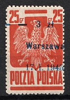 1945 3zl/25gr Poland (Red-Brown, Variety of Colour, Mi. 390 IX b, CV $200)