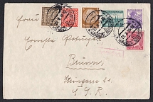 1938 (Oct 20) Letter with mixed Czech, German and Austrian postage. Posted in MAHRISCH-SCHONBERG (Sumperk) to BRUNN. Czech Censorship. Occupation of Sudetenland, Germany