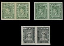 British North America - Newfoundland - 1938, King George VI and Queen Elizabeth, imperforate proofs of 2c in green and 3c in black, two horizontal pairs printed on paper without watermark, in addition 2c imperforate pair on …