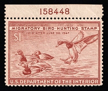 1946 $1 Duck Hunt Permit Stamp, United States (Sc. RW-13, Plate Number, CV $50)