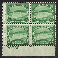 1922 25c Niagara Falls, Regular Issue, United States, USA, Corner Block of Four (Scott 568, Plate Number '20730', CV $60, MNH/MH)