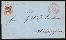1860 (27 Apr) Cover from St. Petersburg to Helsinki (Finland, Helsingfors), franked with 10k (Sc. 8, Zv. 5) tied by '1' dotted handstamp in oval, red datestamp and wax seal, Mikulski signature