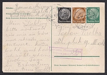 1938 (Oct 17) Postcard sent from TEPLITZ-SCHONAU to a military man doing his service in Czechoslovakia. Mutilated stamp. Censorship label of the Czech military post office, Occupation of Sudetenland, Germany