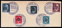 1945 MYLAU Local Issue 4pf - 60pf on piece, Germany, Overprint on Hitler's head (Commemorative Cancellation)