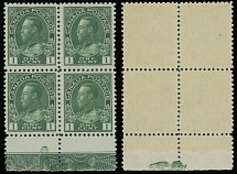 Canada - King George V ''Admiral'' issue - 1916, 1c green, wet printing, bottom sheet margin block of four with double B lathework, full OG, NH, VF, Unitrade C.v. CAD $1,800, Scott #104…