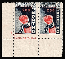 1945 200f Carpatho-Ukraine, Pair (Steiden 80A, Kr. 108 var, SHIFTED Perforation, Corner Margins, CV $100+)