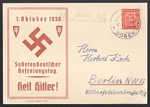 1938 (Oct 13) Card mailed to DOBERN bound for BERLIN. Small purple postmark 'Back to the Reich'. Occupation of Sudetenland, Germany