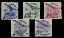 Worldwide Air Post Stamps and Postal History - Soviet Union - 1934, Civil Aviation, 5k-80k, complete set of five, printed on watermarked paper, perfect condition, full OG, NH, VF, C.v. $690, Scott #C40-44…